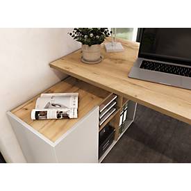 Winkelschreibtisch Athen, Rechteck, Wange, integriertes Sideboard mit 6 Fächern/griffloser Tür, B 1200 x T 900 x H 740 mm, Holz, kaschmir/Navarra Eiche