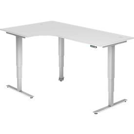 Winkelschreibtisch ULM, elektrisch höhenverstellbar, 90° Winkel links, T-Fuß, B 2000 x T 1200 x H 625-1275 mm, weiß/weiß