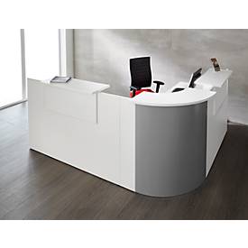 Winkeltheke Come-In, rund, 3 Ablagen, Breite 1600 mm, Eckelement silber, weiß/weiß 