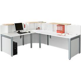 Winkeltheke Come-In, rund, 3 Ablagen, Breite 1600 mm, Eckelement weiß, weiß/Ahorn-Dekor 