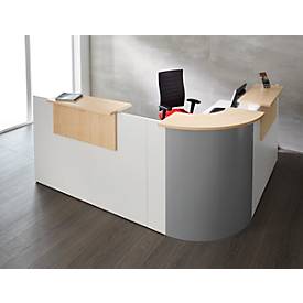 Winkeltheke Come-In, rund, L 2125 x B 2525 mm, weiß, 3 Ablagen in Ahorn-Dekor, Eckelement alusilber