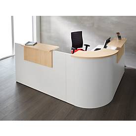 Winkeltheke Come-In, rund, L 2125 x B 2525 mm, weiß, 3 Ablagen in Ahorn-Dekor, Eckelement weiß