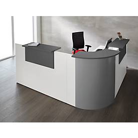 Winkeltheke Come-In, rund, L 2125 x B 2525 mm, weiß, 3 Ablagen in Graphit, Eckelement alusilber