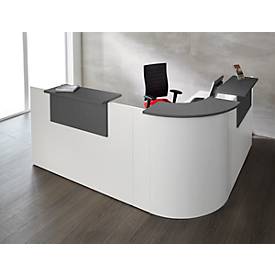 Winkeltheke Come-In, rund, L 2125 x B 2525 mm, weiß, 3 Ablagen in Graphit, Eckelement weiß