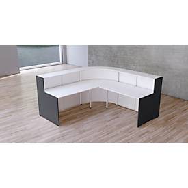 Winkeltheke Faro, mit Ablage- und Seitenplatten, melaminharzbeschichtet, ABS-Kanten, B 2320 x T 2320 x H 1120 mm, weiß/anthrazit