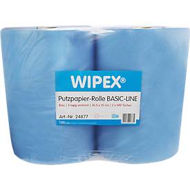 WIPEX Basic-Line Putzpapier, 3-lagig, perforiert, hohe Saugfähigkeit, 100 % Zellstoff, blau, 2 Rollen mit jeweils 500 Tüchern