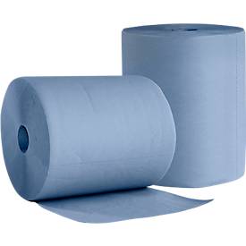 WIPEX BlueTech schoonmaakpapier, universeel gebruik, 2-laags, gerecycled papier, blauw, 2 rollen met kern Ø 200 mm & 500 doeken, doekformaat 220 x 360 mm
