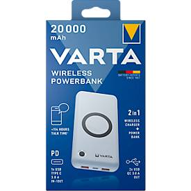Wireless Powerbank Varta, 20000 mAh, 1x USB-C (In & Out), 2x USB-A (Out), Laden mit o. ohne Kabel, B 79 x T 24 x H 160 mm, weiß