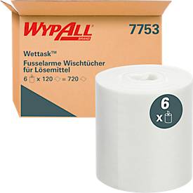 Wischtücher Kimberly Clark WypAll® Wettask™ Low Lint, für Reinigungsmittel, saugfähig & reißfest, 6 Rollen je 120 Tücher, L 305 x B 150 mm, weiß