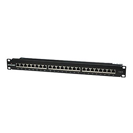 "Intellinet 24-Port Cat6 Patchpanel, geschirmt, 24 Ports, FTP, 1 HE, Klemmleisten mit 90 Grad abgewinkelten Kabeleinführungen, schwarz - Patch Panel - 1U - 19"""