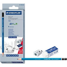  Potloden Lumograph® 100 Mars®Staedtler, met puntenslijper en gum