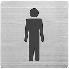 "WC men" sign, square, incl. self-adhesive pad, L 90 x W 90 mm, brushed stainless steel, silver-black