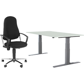 2-delige Brombel-set, aanlogtafel, elektrisch in hoogte verstelbaar, B 1600 mm, aluminium lichtgrijs/wit + bro stoel Point 60