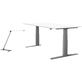 2-delige Brombel-set, Login-bureau, elektrisch in hoogte verstelbaar, B 1600 mm, alu wit/wit + Terra LED-tafellamp
