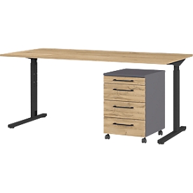 2-delige kantoormeubelset Profi 2.0, bureau, mechanisch in hoogte verstelbaar, incl. verrijdbare ladeblok met 4 laden, zwart/graphite/eiken