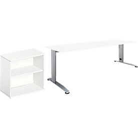 2 tlg. Büromöbel-Set Schäfer Shop Select Login, Schreibtisch, B 1600 mm, weiß/weißaluminium RAL 9006 + Anstell-/Aufsatz-Regal 2OH in Weiß 