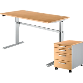 2-tlg. Büromöbel-Set, Schreibtisch STANDARD, elektrisch höhenverstellbar, Buche/weissaluminium RAL 9006