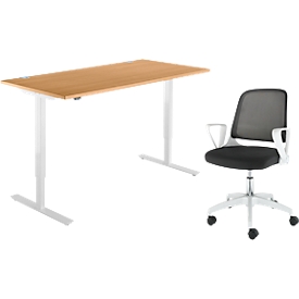2-tlg. Büromöbel-Set, Schreibtisch Start Off, elektrisch höhenverstellbar, Buche-Dekor/weiß 