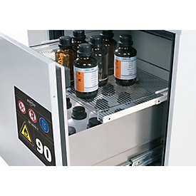 2ème niveau coulissant pour les armoires de rangement de sécurité asecos de la série UB90, acier inoxydable 1.4301, L 725 x P 425 x H 47 mm, jusqu'à 25 kg