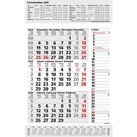 3-Monats-Planer Korsch Combi grau 2024, 1 Seite für 3 Monate, Perforierung, Kalendarium D/E/F/I, L 300 x H 478 mm