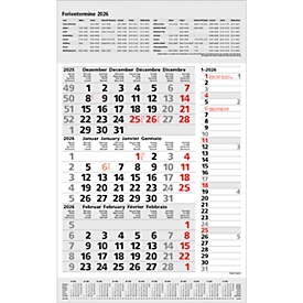 3-Monatsplaner Korsch Combi 2026, Wandkalender, Datumsschieber, Streifentimer, D/GB/F/I, Sonn-/Feiertage rot, B 380 x H 450 mm, Papier, grau