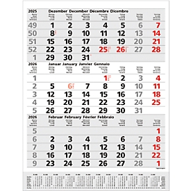 3-Monatsplaner Korsch Comfort 2026, Wandkalender, Datumsschieber, Kalendarium für D/GB/F/I, Feiertage rot, B 300 x H 390 mm, Papier, grau