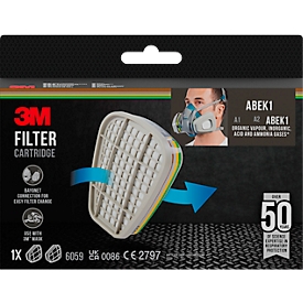 3M Filterpatrone 6059, Schutzklasse ABEK1, für 3M wiederverwendbare Halb-Atemschutzmasken Serie 6000, austauschbar, Packung mit 1 Paar