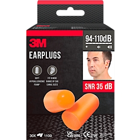 3M Gehörschutzstöpsel 1100, Einweg, konisch geformt, SNR 35 dB, weicher Schaumstoff, orange, Packung mit 30 Paar