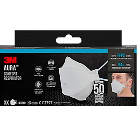 3M masque de protection respiratoire jetable AURA™ 9320+, classe de filtration FFP2, sans valve, 3 pièces, pliable, blanc, paquet de 3 pièces