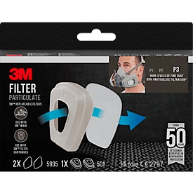 3M Partikelfilter 5935, Schutzklasse P3, für 3M Gas- und Dampf-Filterpatronen mit Filterhalterung 501, Packung mit 2 Paar + 1 x Filterhalterung 501