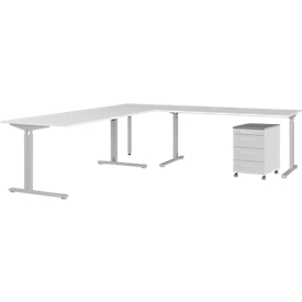 4-delige kantoormeubelset Profi 2.0, bureau/hoekcombinatie, incl. verrijdbare ladeblok met 4 laden, zilver/graphite/lichtgrijs