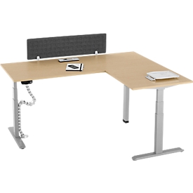 90° Winkeltisch mit Akustik-Tischtrennwand & Kabelführung, Memorymaster, elektrisch höhenverstellbar, T-Fuß, B 2000 x T 1600 mm, Ahorn-Dekor