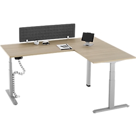 90° Winkeltisch mit Akustik-Tischtrennwand & Kabelführung, Memorymaster, elektrisch höhenverstellbar, T-Fuß, B 2000 x T 1600 mm, Eiche-Dekor