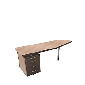 Aanbouwtafel met verrijdbaar ladeblok X-TIME-WORK, vrije vorm, B 1900/1000 x D 600 x H 740 mm, links, iep/aluminium