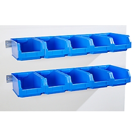 Aanhaakrails Schäfer Shop Select, L 1135 x B 68 x D 2 mm, plaatstaal, verzinkt, 2 stuks + 10 magazijnbakken met open voorzijde SSI Schäfer PROFI LF 321 serie, blauw