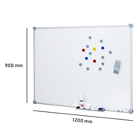 ableau blanc 2000 MAULpro - cadre alu - surface plastifiée - l. 1200 x H 900 mm  + lot de 31 accessoires - gris platine