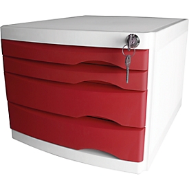 Abschließbare Schubladenbox helit the safe, 4 Schübe, mit Auszugssperre, für A4-C4, lichtgrau/rot