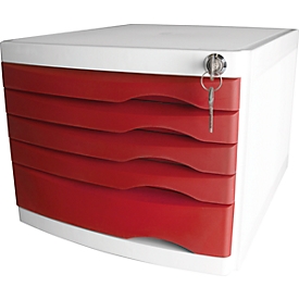 Abschließbare Schubladenbox helit the safe, 5 Schübe, mit Auszugssperre, für A4-C4, lichtgrau/rot