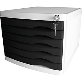 Abschließbare Schubladenbox helit the safe, 6 Schübe, mit Auszugssperre, für A4-C4, lichtgrau/schwarz
