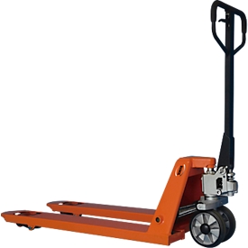 AC-P pallet truck, manual lift drive, load capacity up to 2500 kg, swivel wheels and load rollers, L 1550 x W 540 x H 1240 mm, steel, orange-black
