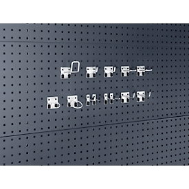 Accessoireserie geperforeerde bodemplaat Perfo, 13-delig, 11 haken/2 ronde houders, gegalvaniseerd metaal, zilver