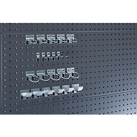 Accessoireserie geperforeerde bodemplaat Perfo, 21-delig, 5 haken/16 houders, gegalvaniseerd metaal, zilver