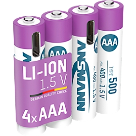 Accumulateurs Li-Ion ANSMANN Micro AAA, 1,5 V, type 500 (min. 400 mAh), 0,74 Wh, charge de type C, 4 pièces