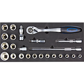 ADB Garniture de douilles 1/2", 24 pièces, chrome-vanadium, SW 10-32, cliquet réversible inclus, L 400 x l 190 x H 35 mm