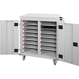 ADB laptop trolley, 16 vakken, voeding, geventileerd, cilinderslot, 67 kg, B 920 x D 500 x H 1060, lichtgrijs RAL 7035