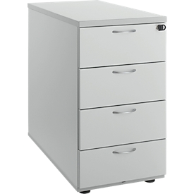 Add-on container, 4 drawers, metal handles, lockable, foot glides, incl. material tray &amp; 4 dividers, W 400 x D 800 x H 730 mm, chipboard, grey
