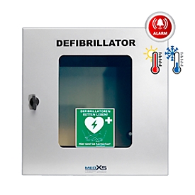 AED Wandkasten, universell für alle Defibrillatoren, IP54, klimatisiert, mit Alarm, inkl. Standortaufkleber & Befestigungsmaterial, B 400 x T 200 x H 400 mm, Edelstahl pulverbeschichtet/Polycarbonat transparent, grau