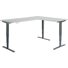 AERO FLEX angled desk, electrically height-adjustable, 90° angle, T-foot, W 2000 x D 1600 mm, light gray/anthracite + memory panel