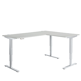AERO FLEX hoekbureau, elektrisch in hoogte verstelbaar, hoek 90°, T-voet, B 2000 x D 1600 mm, aluminium lichtgrijs/wit + memorypaneel