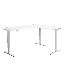 AERO FLEX hoekbureau, elektrisch in hoogte verstelbaar, hoek 90°, T-voet, B 2000 x D 1600 mm, aluminium wit/wit + memorypaneel